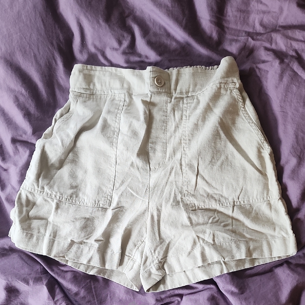 LOFT High-Waist White Linen-Blend Shorts